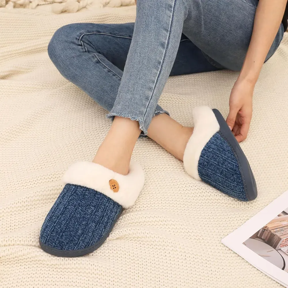 Warm Knit House Slippers for Women Comfy Wool-Like Lined Chenille Slippers with Memory Foam and Indoor Outdoor Soles