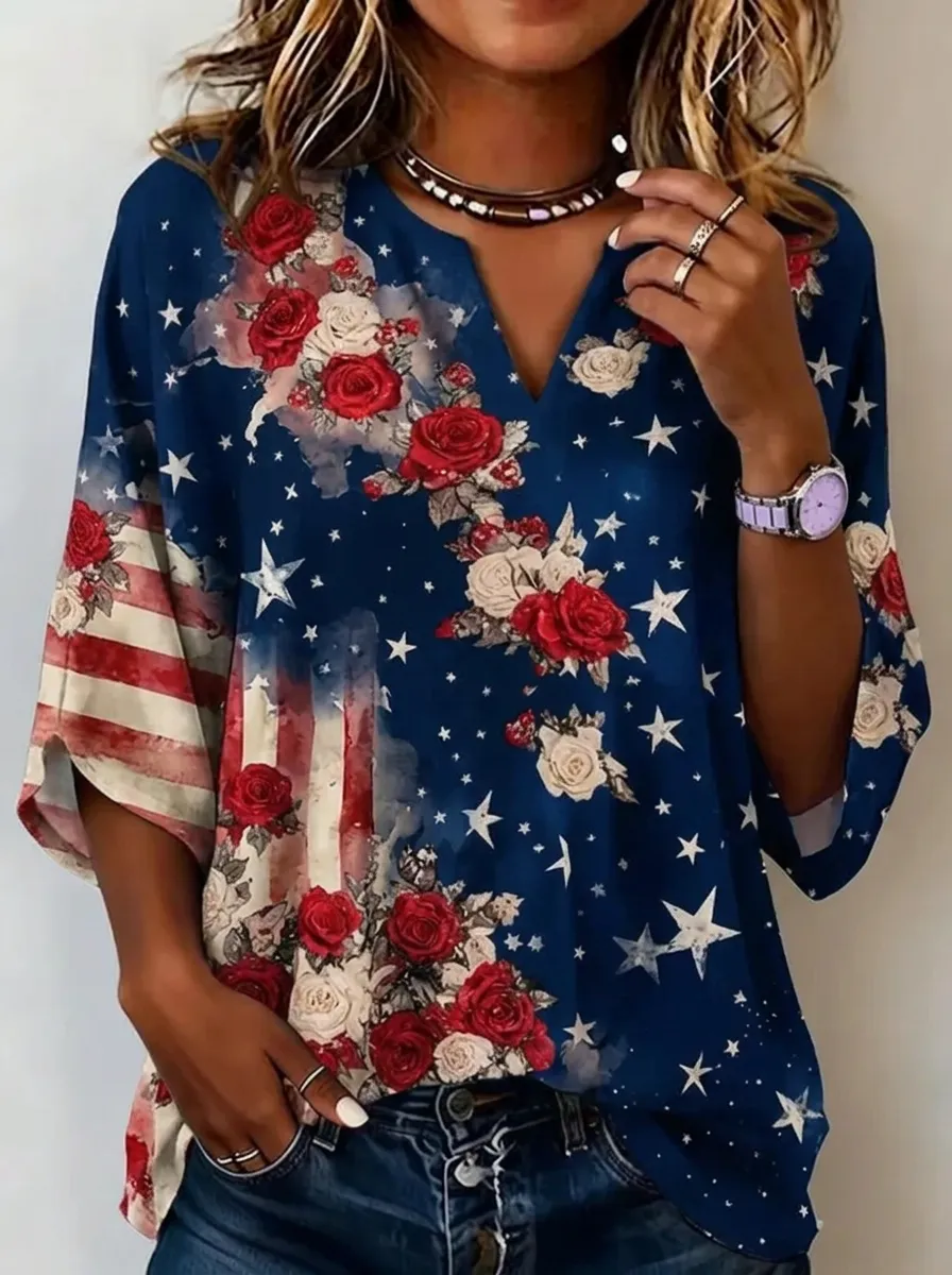 Women's Nashville USA Flag Rose Star Printed V-neck Top