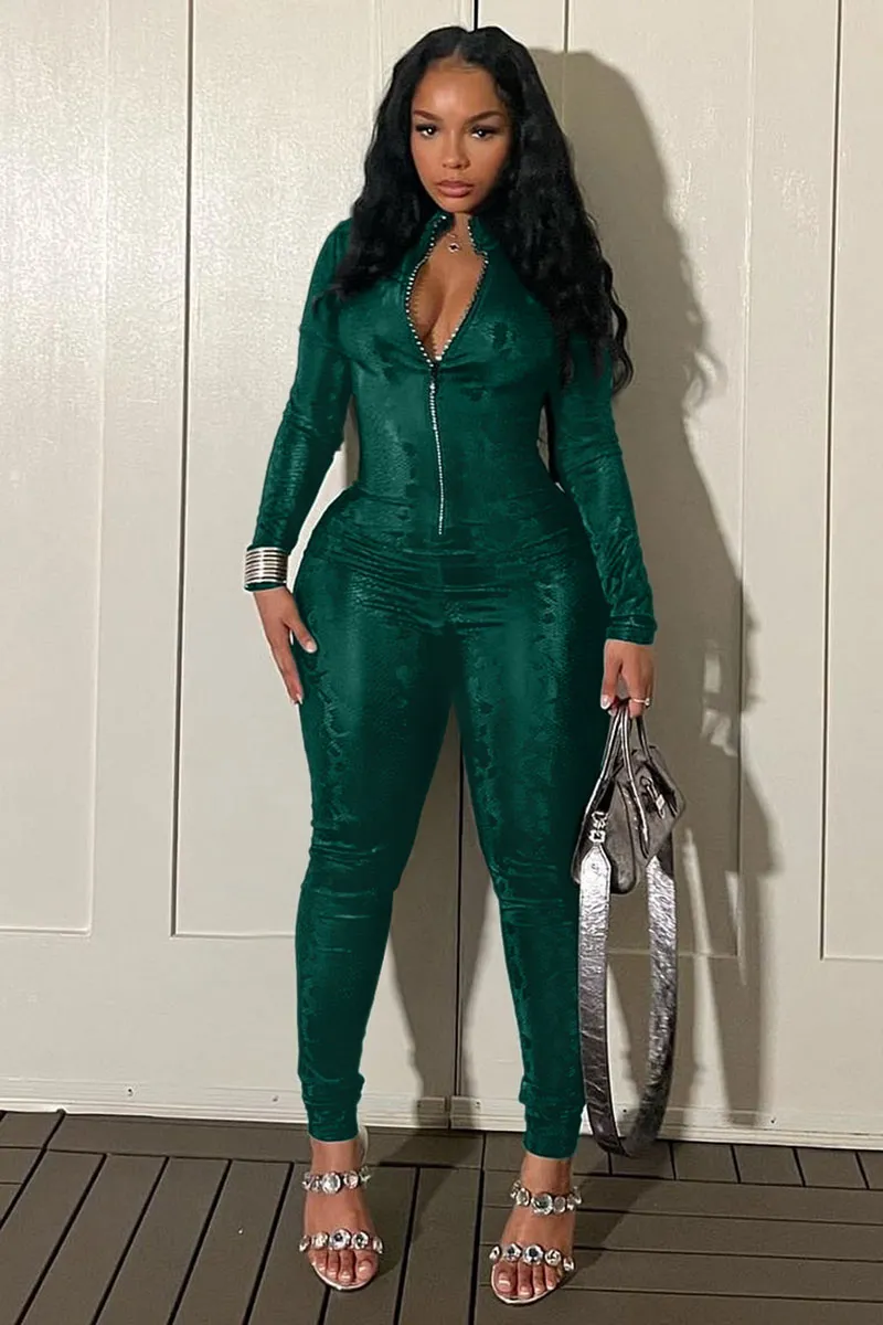 Snake Pattern Long Sleeve Zipper Slim Fit Jumpsuit-Black