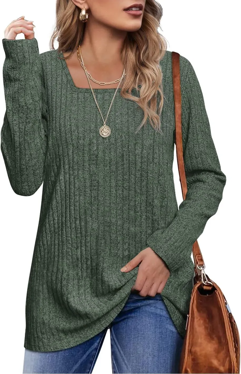 OFEEFAN Long Sleeve Shirts for Women Lightweight Crew Neck Casual Tunic Tops