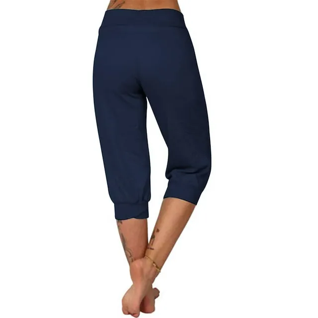 Women's Yoga Pants Drawstring with Pockets Cropped Tummy Control High Waist Yoga Fitness Gym Workout Capri Pants Bottoms Dark Grey Navy Apricot Spandex Sports Activewear High Elasticity Loose Fit