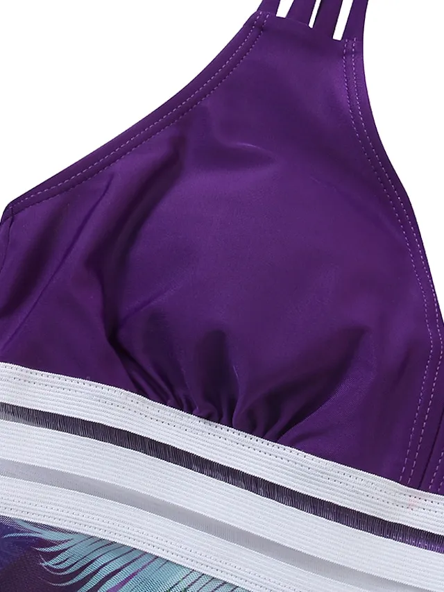 Women's Swimwear Tankini Swim Dress 2 Piece Plus Size Swimsuit 2 Piece Modest Swimwear Open Back Printing for Big Busts Leaf Floral Navy Blue Purple Green Padded V Wire Bathing Suits New Vacation Cute