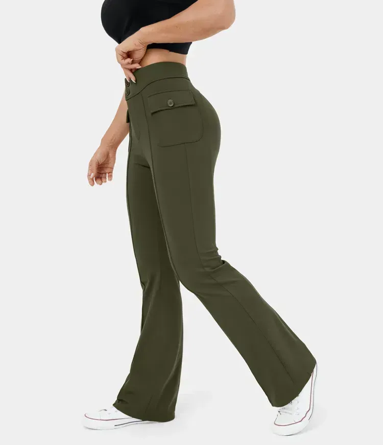 High Waisted Button Side Flap Pocket Flare Casual Cargo Pants
