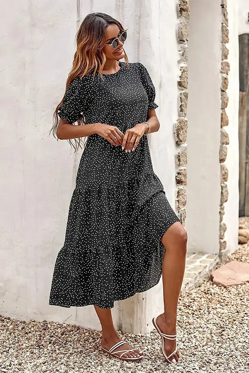 Floral Print Ruffle Puff Sleeve High Waist Midi Dresses