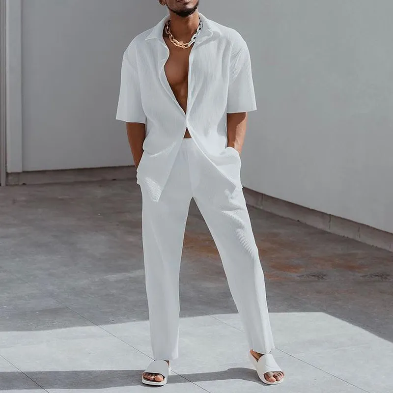 Tiboyz White Outfits Short Sleeve Shirt And Pants Two Piece Set