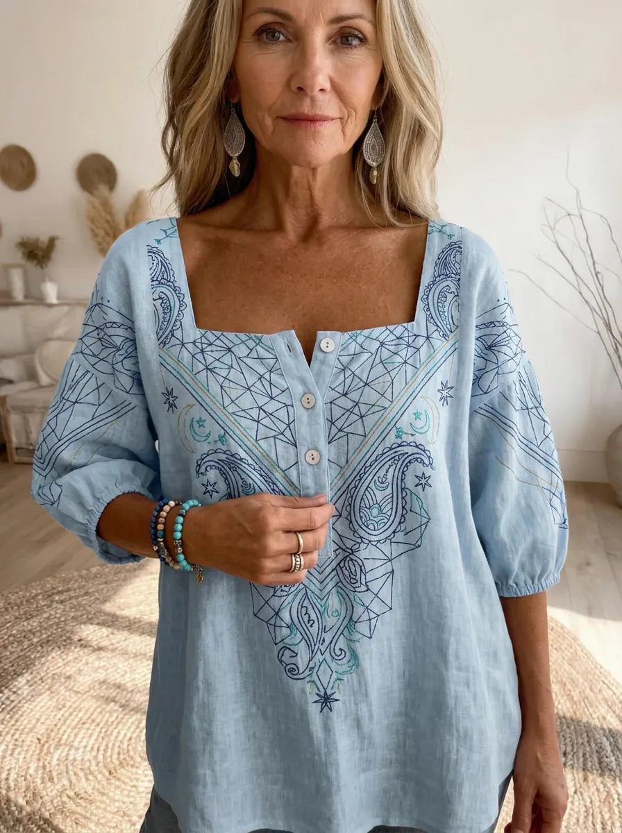 Women's Nashville Boho Paisley Geometric Printed Square Neck Top