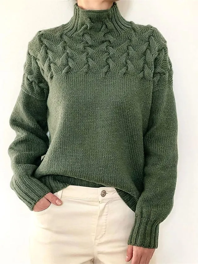Women‘s Christmas Pullover Sweater Jumper Turtleneck Cable Knit Acrylic Braided Fall Winter Outdoor Daily Going out Xmas Stylish Casual Soft Long Sleeve Pure Color Maillard Black Pink Red S M L