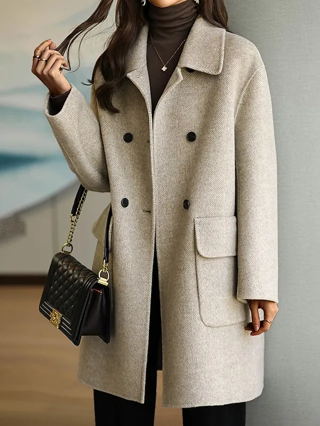 Women's Coat Fall Winter Long Pea Coat Windproof Wool Blend Coat with Pockets Maillard Warm Modern Style Casual Trendy Jacket Long Sleeve Plain Black Red Camel