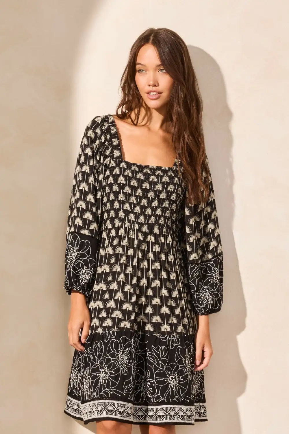 Wear-Two-Ways Embroidered Square-Neck Dress-Black