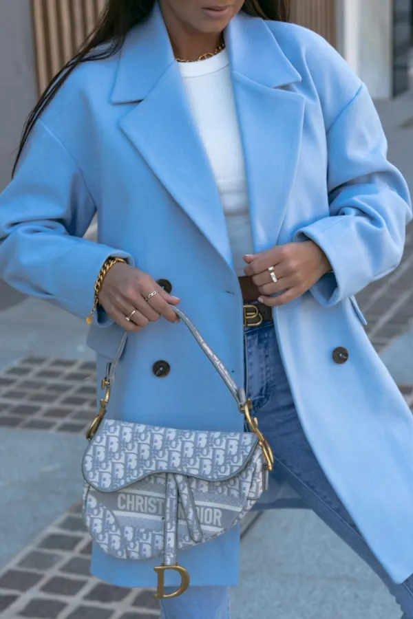 Solid Double Breasted Lapel Coat in Sky Blue