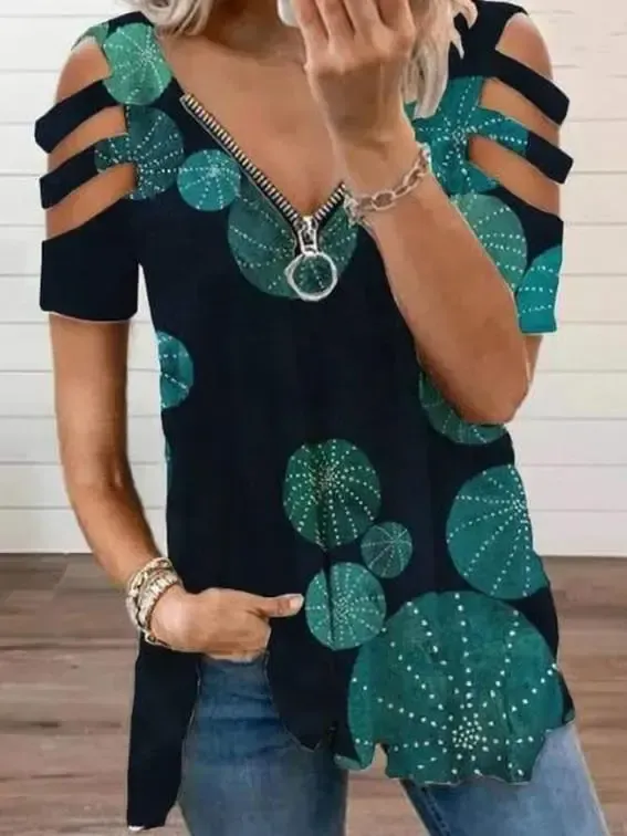 Women Short Sleeve V-neck Floral Printed Geometric Top