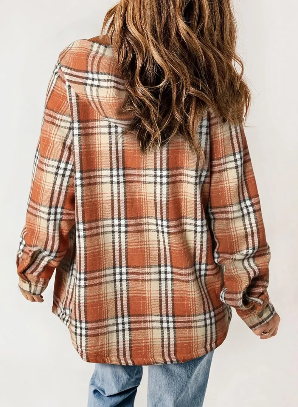 Womens Plaid Shacket Jacket Long Sleeve Button Down Fleece Hooded Jackets Warm Coat