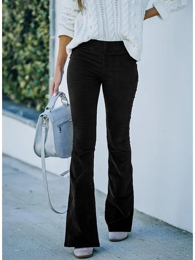 Women's Dress Pants Bootcut Pants Trousers Full Length Corduroy Micro-elastic Medium Waist Fashion Casual Weekend claret Black S M