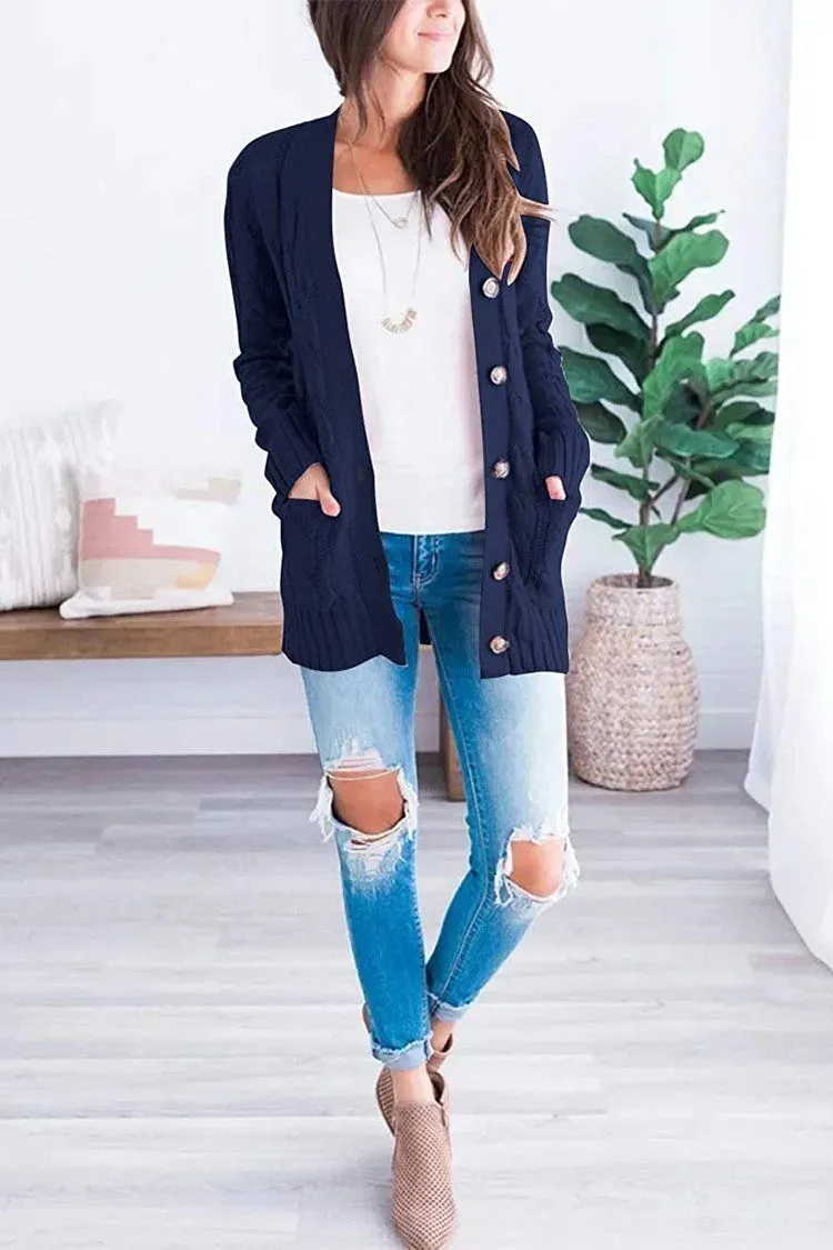 Knitted Solid Color Button Down Chunky Outwear Cardigan