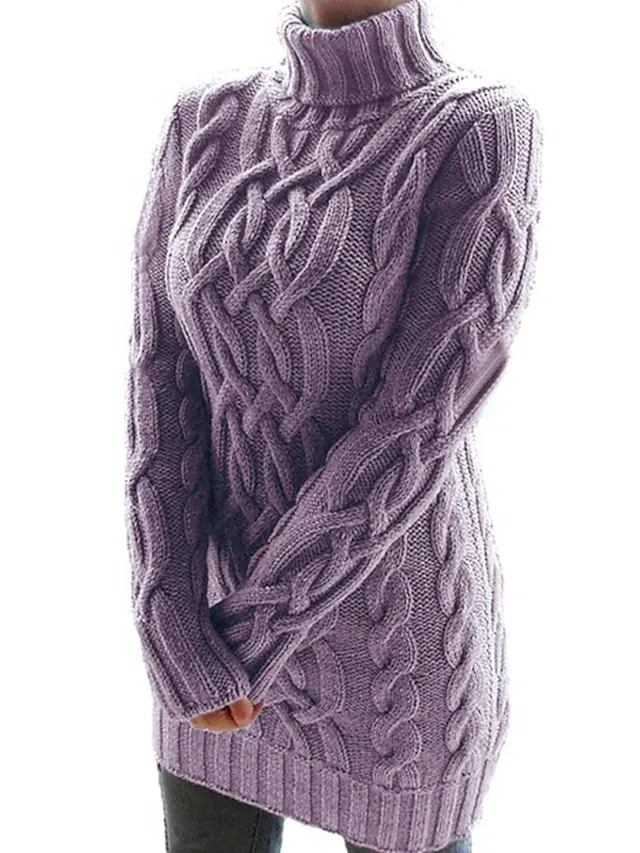 Women's Sweater Dress Jumper Dress Winter Dress Knee Length Dress Knitwear Casual Pure Color Winter Dress Daily Fall Dress Turtleneck Long Sleeve Patchwork Jacquard 2022 Regular Fit Black White Purple