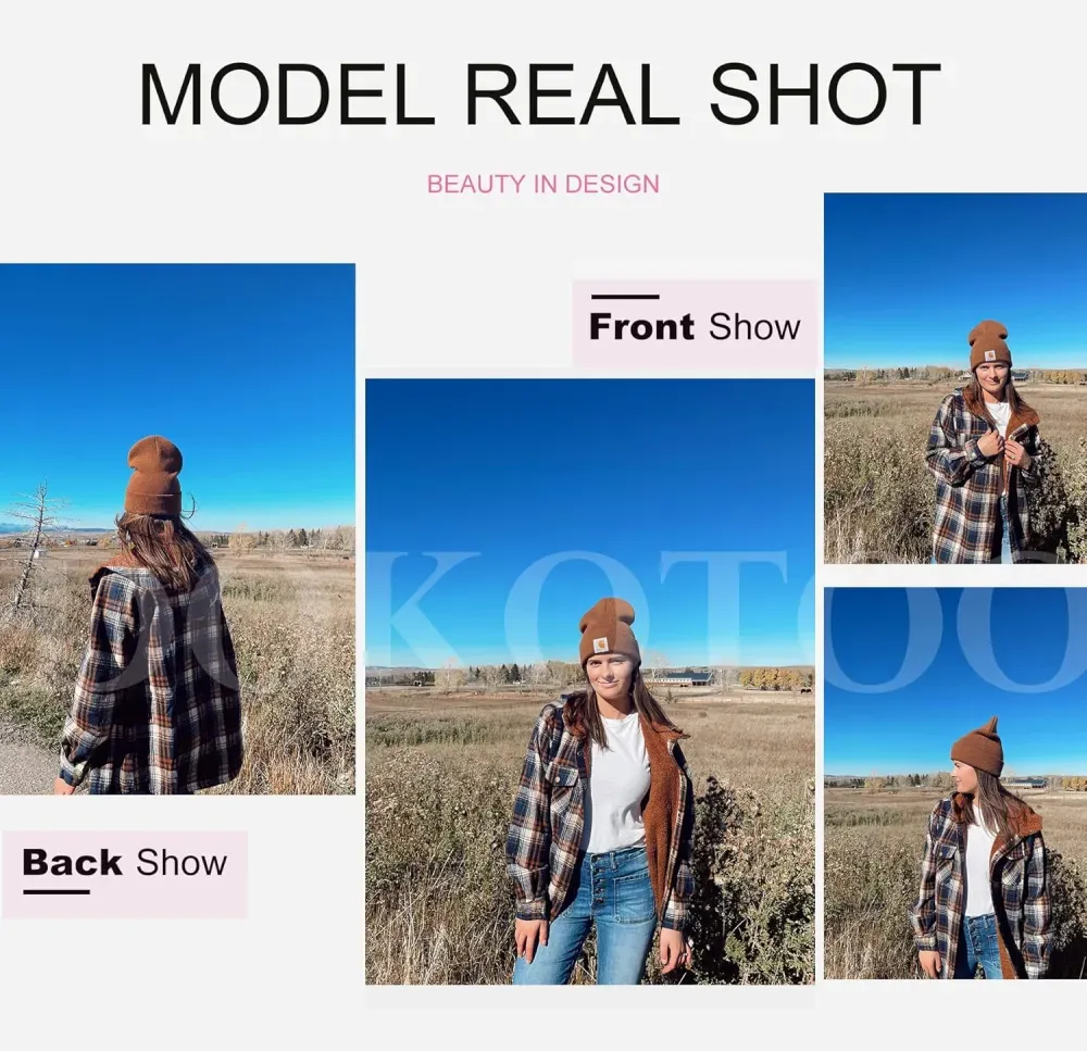 Womens Plaid Shacket Jacket Long Sleeve Button Down Fleece Hooded Jackets Warm Coat