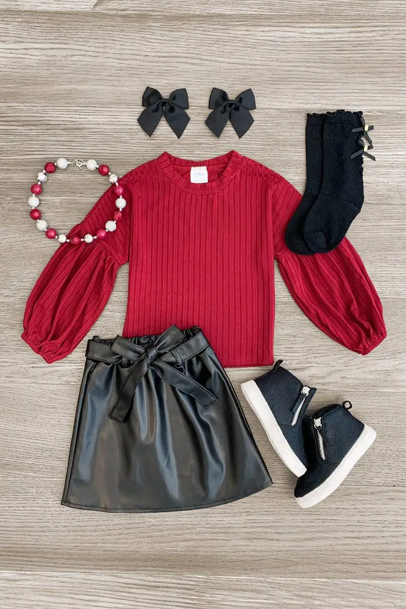 Burgundy Bow Pleather Skirt Set