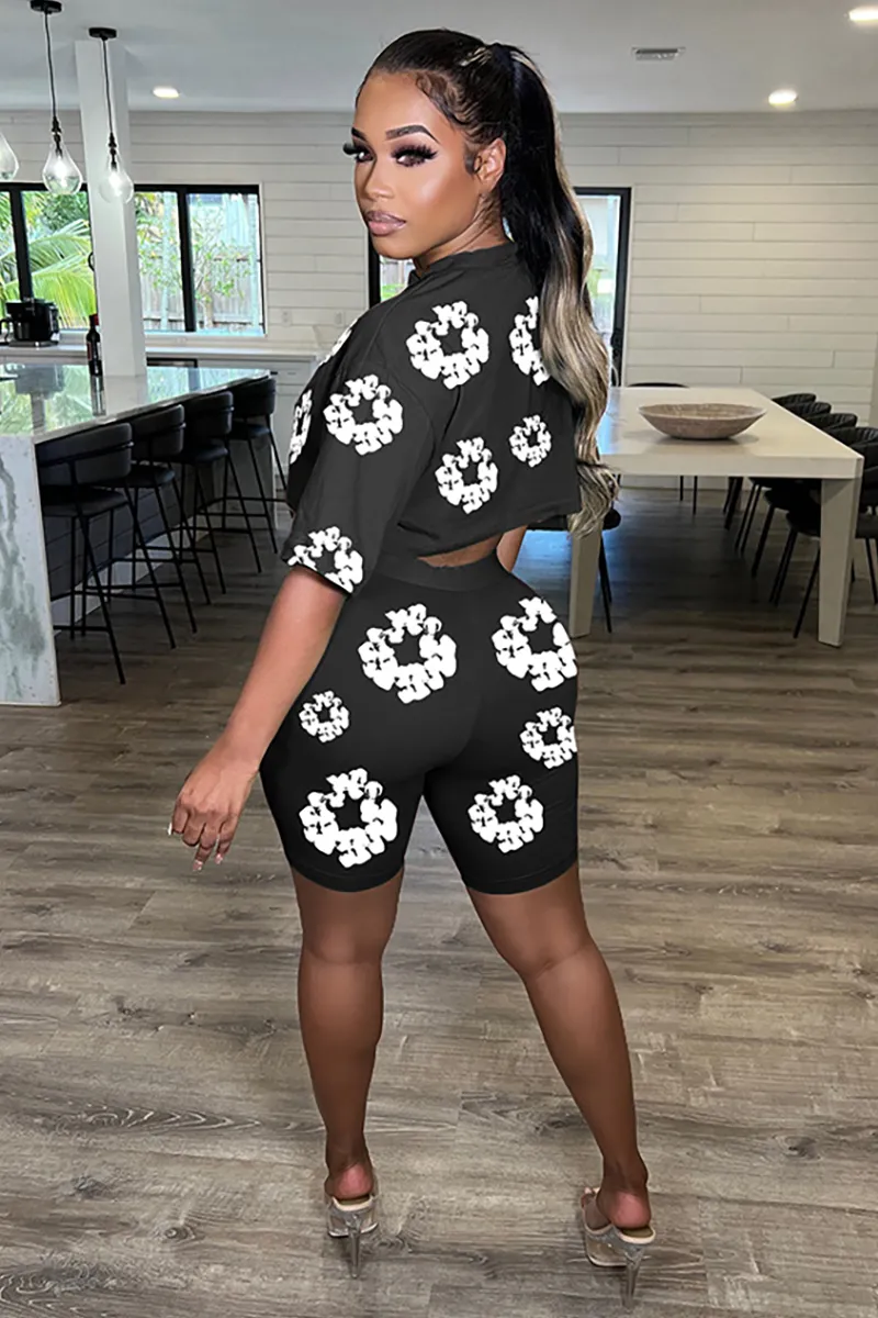 Graphic Print Short Sleeve Crop Top Slim Fit Shorts Matching Set-Black