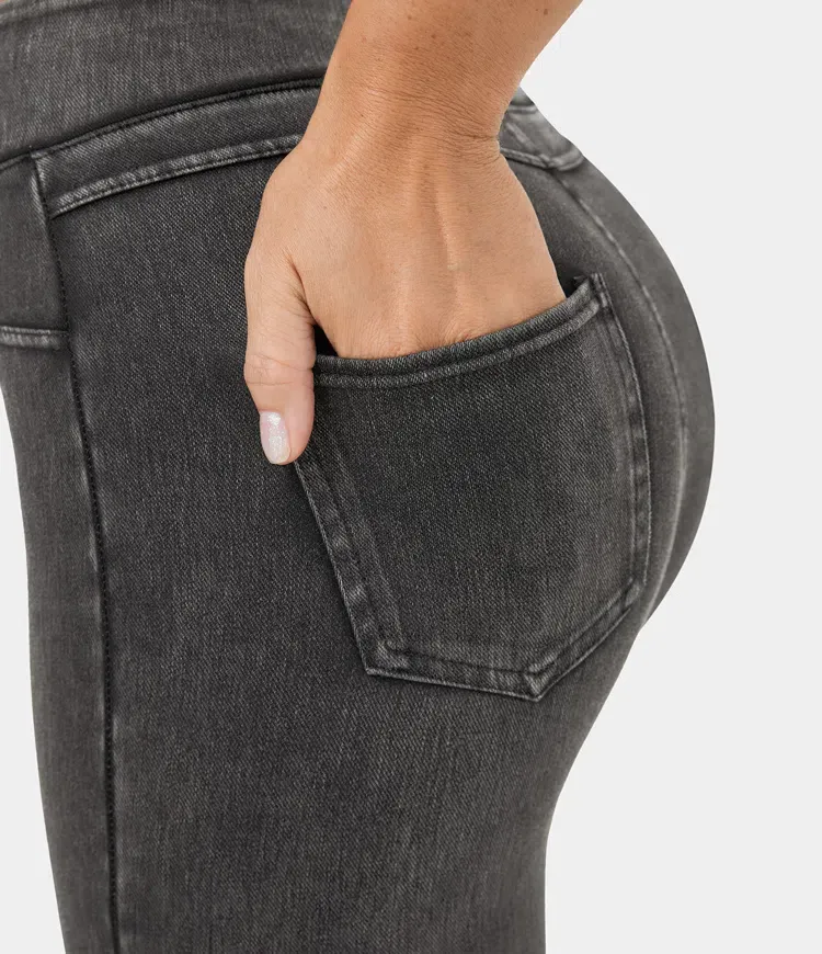 High Waisted Back Side Pocket Stretchy Knit Denim Casual Leggings