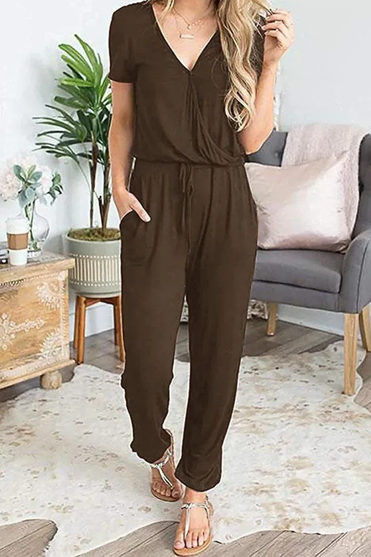 Deep V Neck Wrap Drawstring Waist Jumpsuit