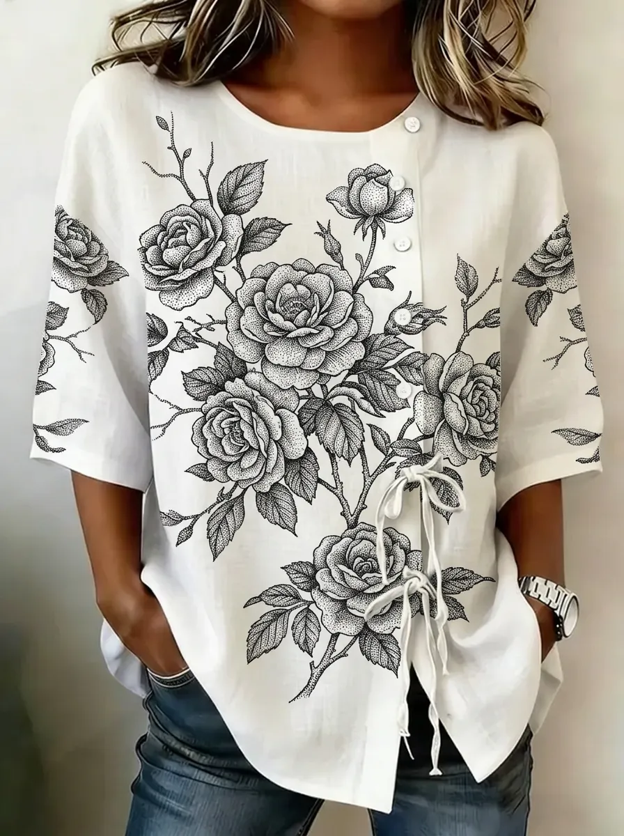 Women's Nashville Rose Floral Sketch Printed Button-up Top