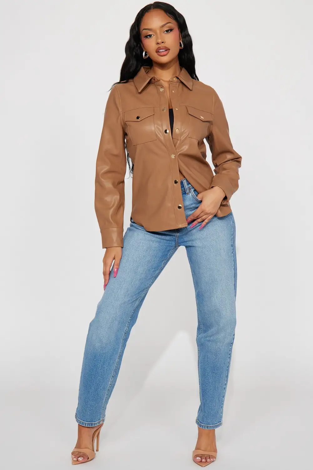 Enola Faux Leather Shirt - Camel