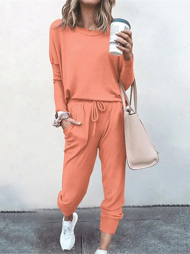 Women's Lounge Sets Crew Neck Long Sleeve Shirt and Elastic Waist Pants with Pockets Pure Color Fashion Casual Soft Home Daily Bed Polyester Breathable Summer Autumn Black Pink