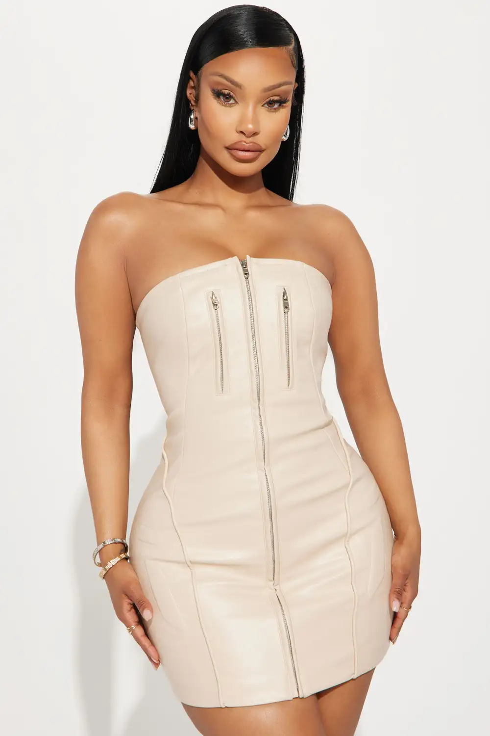 Harley Strapless Faux Leather Mini Dress - Cream