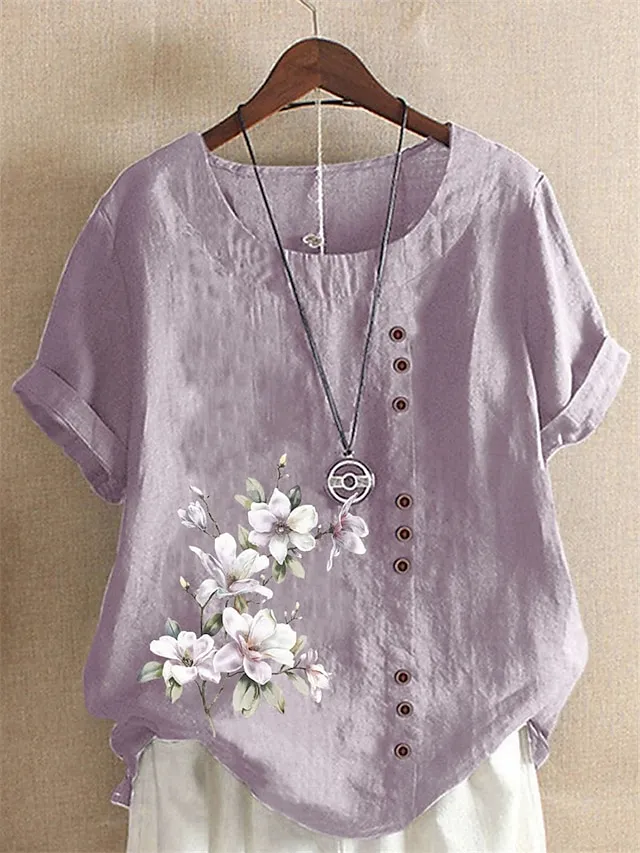 Women's Shirt Linen Shirt Blouse Cotton Linen Floral White Yellow Pink Button Print Short Sleeve Daily Vacation Going out Vintage Holiday Casual Crew Neck Regular Fit Summer Spring