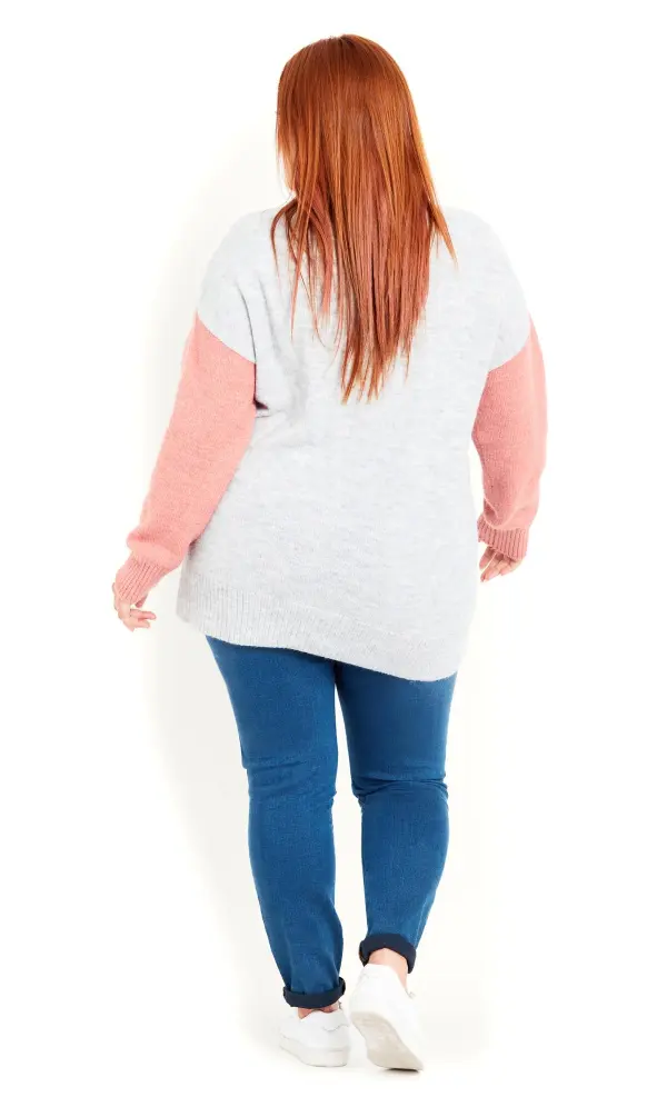 Evans Grey & Pink Colour Block Knitted Jumper