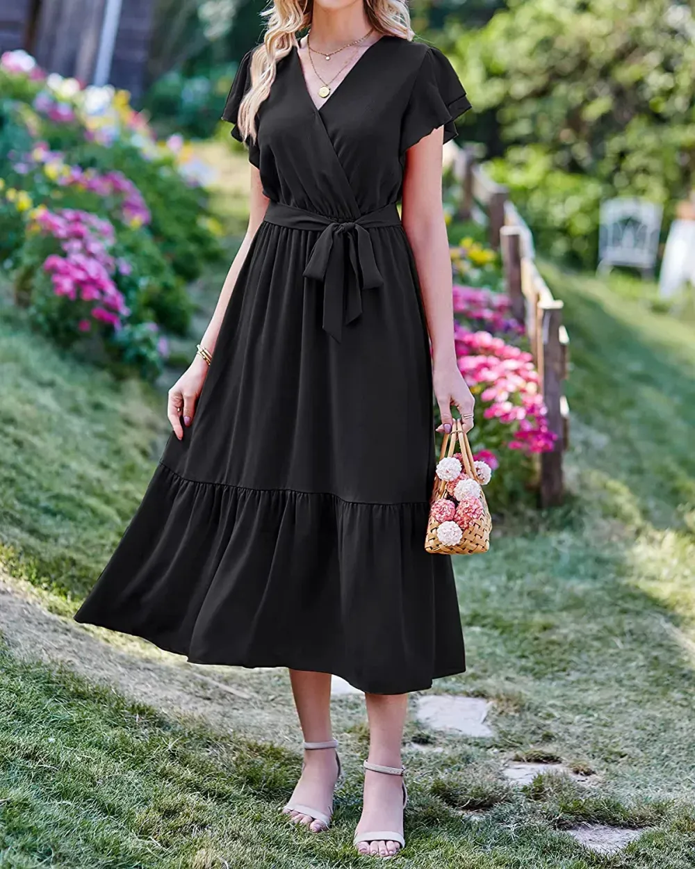 Women Summer Bohemian Floral Casual Wrap V Neck Ruffle Cap Sleeveless Belt A-Line Pleated Hem Swing Midi Sun Dress