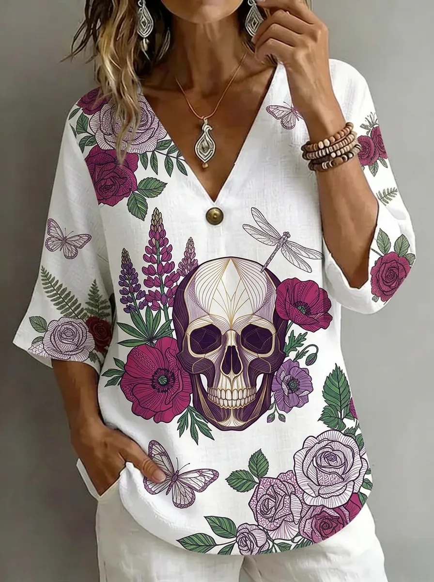 Women's Nashville Skull Floral Butterfly Printed V-Neck Top