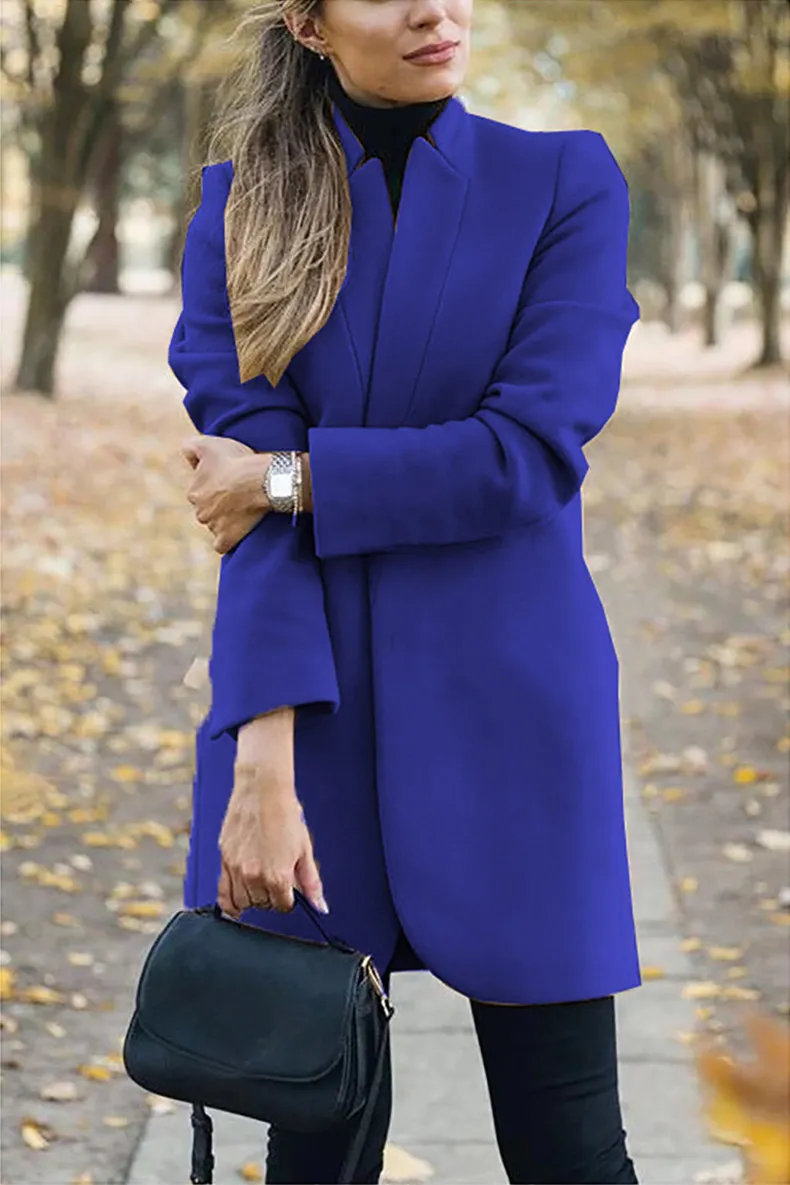 Solid standing collar slim long faux woolen coat