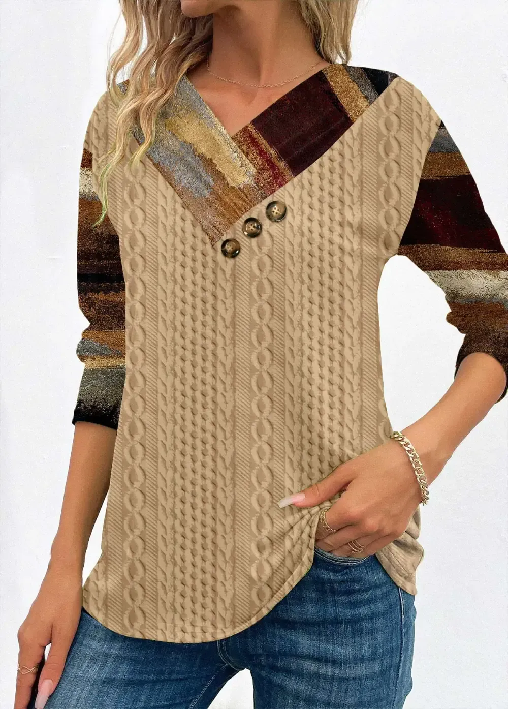 Light Camel Patchwork Graffiti Print Long Sleeve Sweatshirt