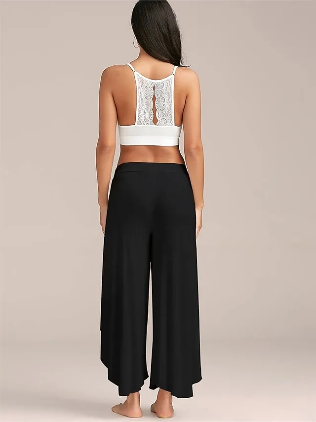 Women's Culottes Wide Leg Wide Leg Chinos Ruffle Layered Stretchy Mid Waist Basic Casual / Sporty Casual Daily Black White S M Summer Spring &  Fall