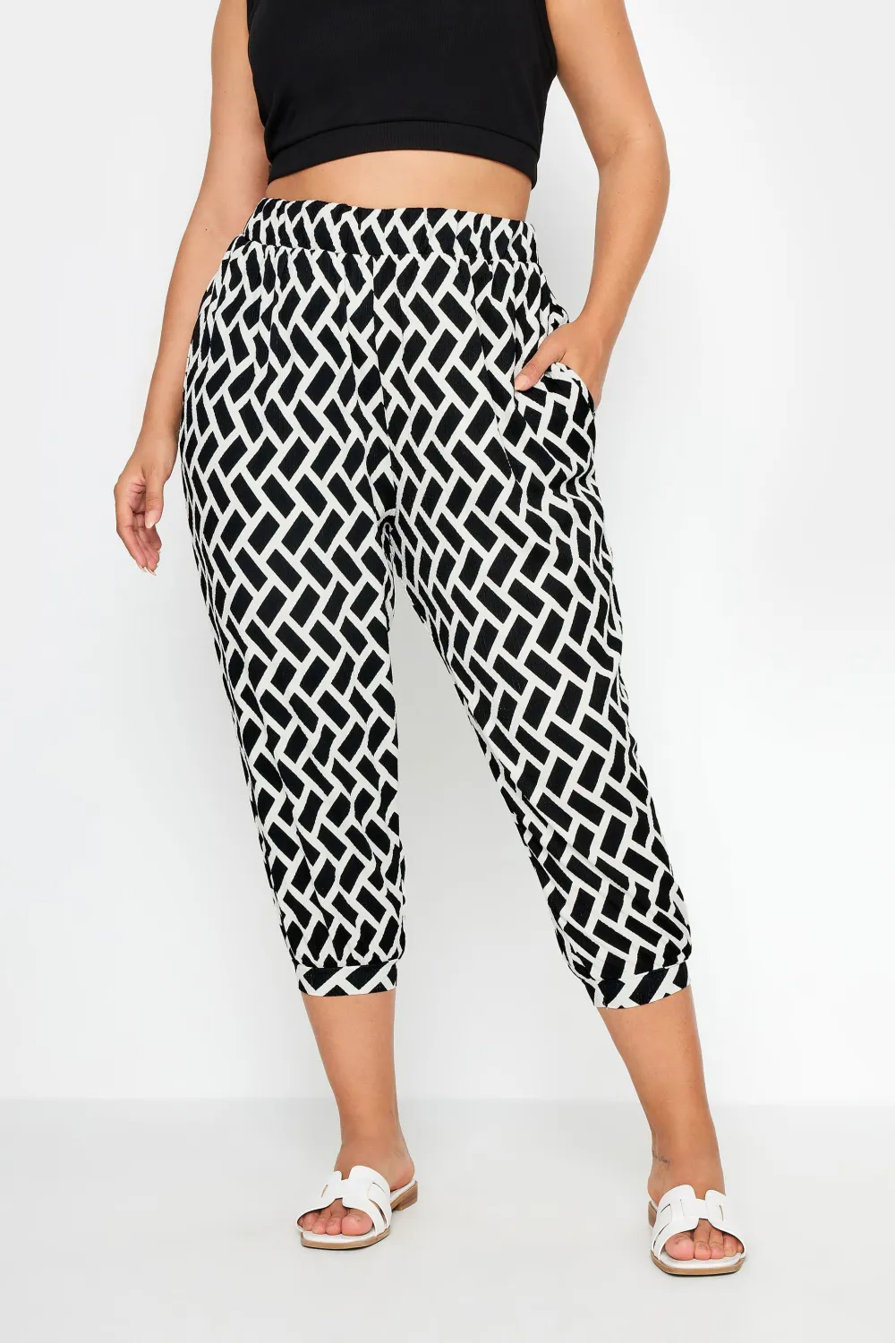 YOURS Curve Yellow Ikat Print Textured Cropped Harem Trousers