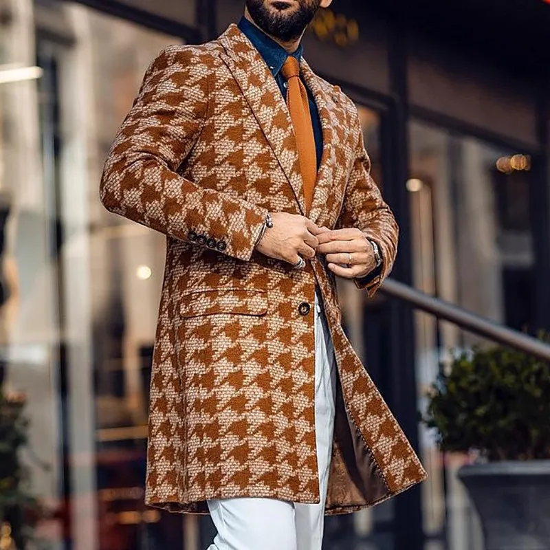 Men's Mid-Length Suit Collar Fashion Print Coat