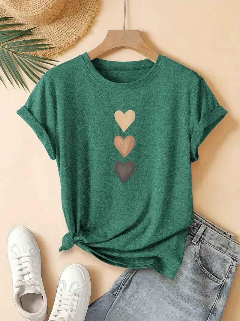 Heart Print Casual T-Shirt, Crew Neck Short Sleeves Sports Tee, Women's Activewear