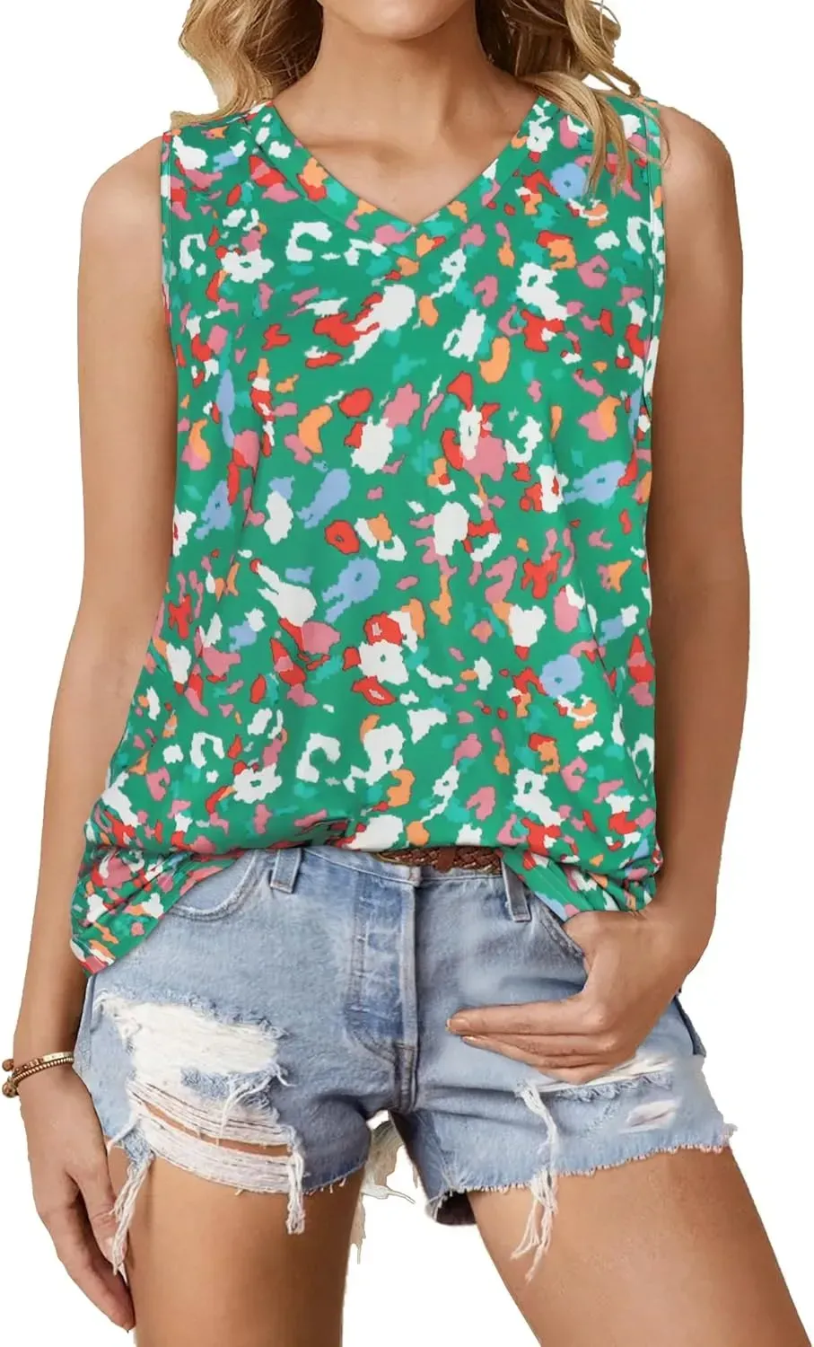 Summer Tops for Women Sleeveless V Neck Tshirt Loose Fit Casual Tank Tunic Blouse