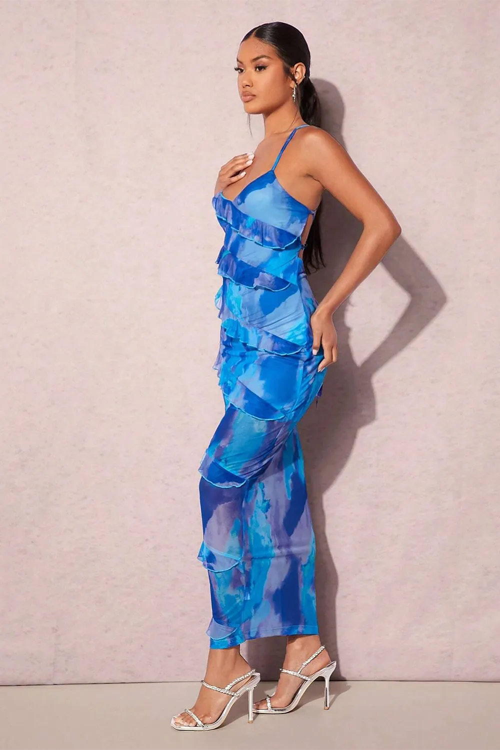BAE Tie Dye Ruffle Trim Crisscross Backless Ruche