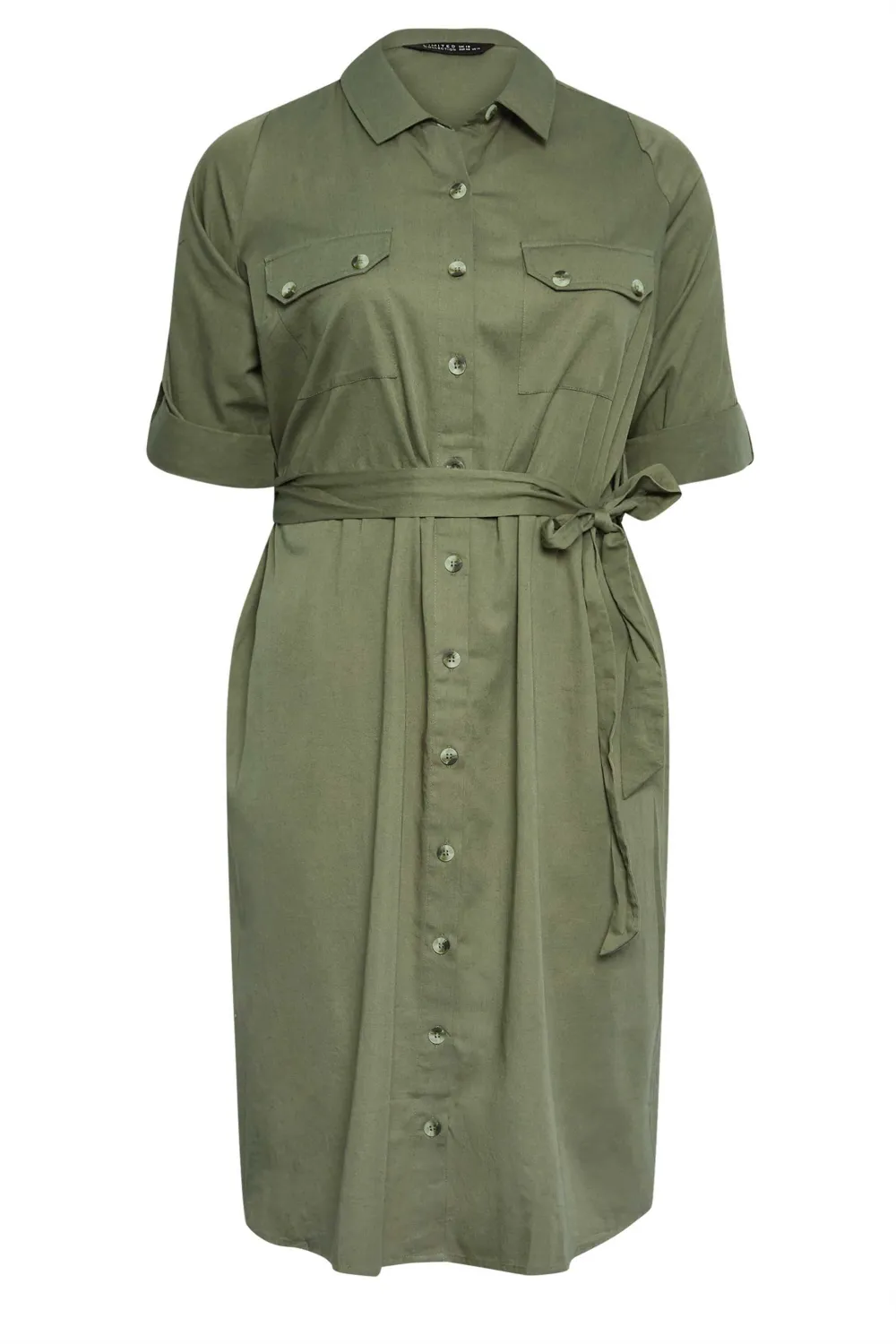 YOURS Curve Khaki Green Utility Shirt Dress