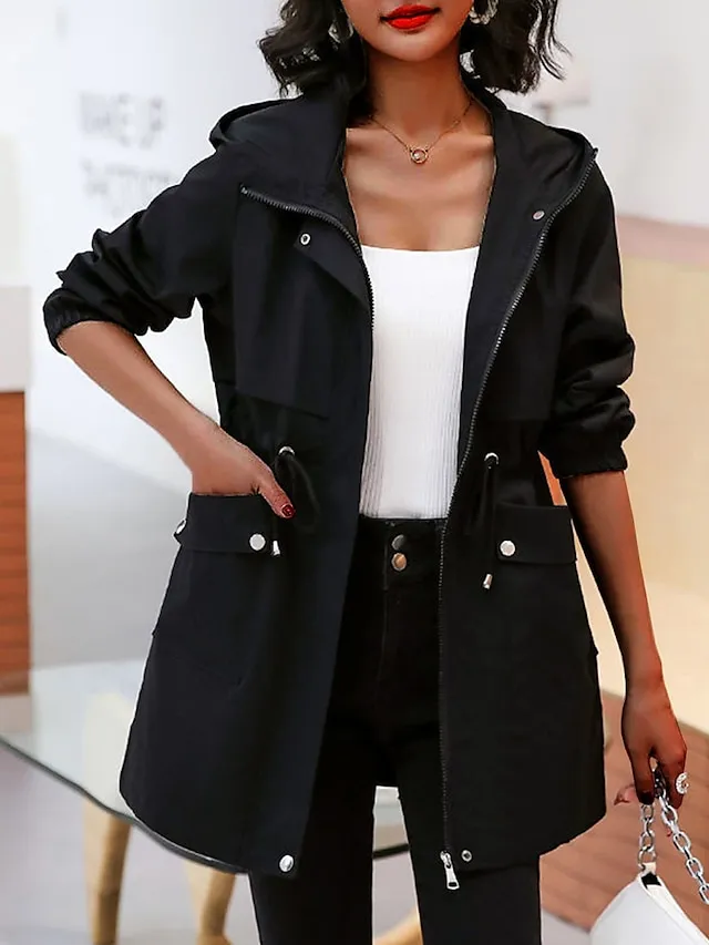 Women's Trench Coat Fall Outdoor Zipper Plain Breathable Streetwear Regular Fit Outerwear Long Sleeve Black M