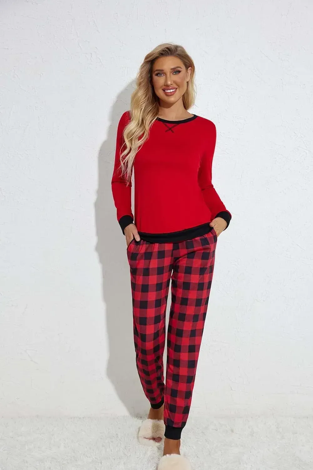 Women's Pajamas Sets Long Sleeve with Plaid Pants Soft Sleepwear O Neck 2 Piece Pjs Joggers Loung Set with Pockets