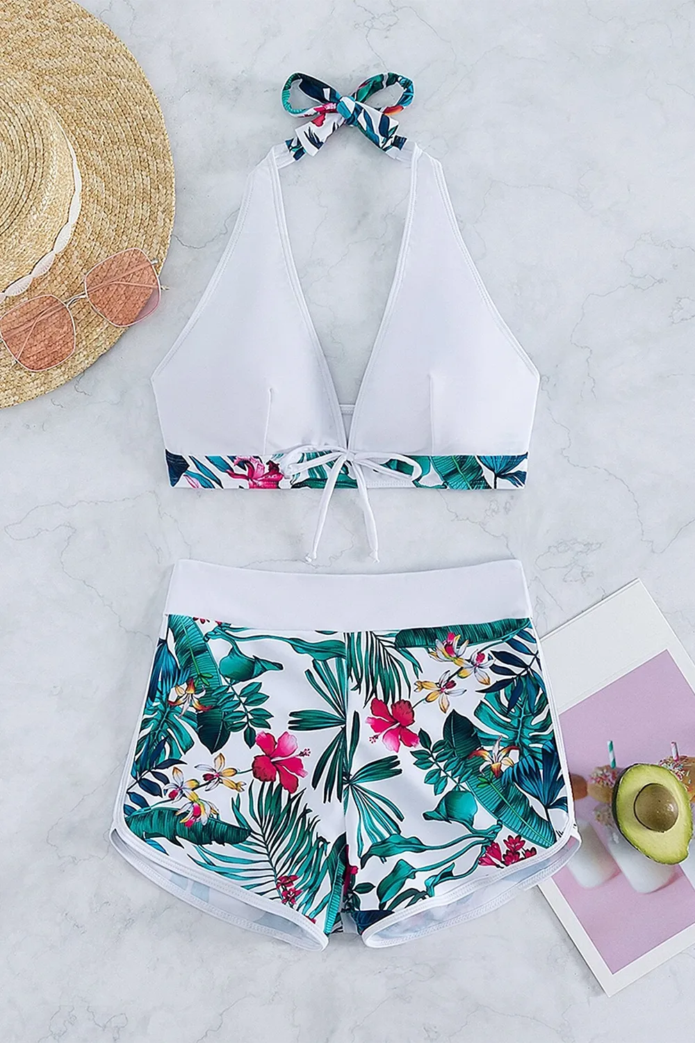 Swim Tropical Print Bikini Set Halter Bra & Boxer Shorts 2 Piece Swimsuit
