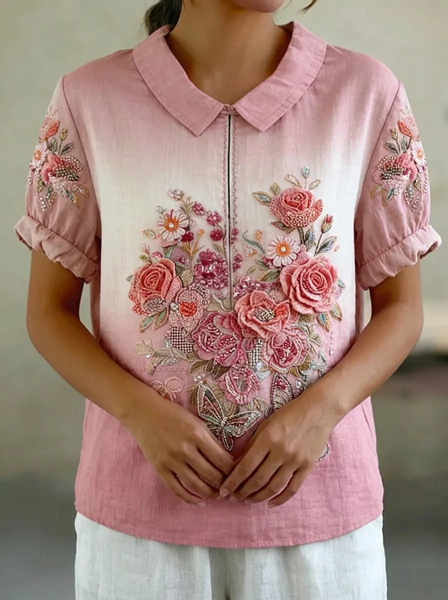 Women's Nashville Floral Butterfly Embroidered Printed Top
