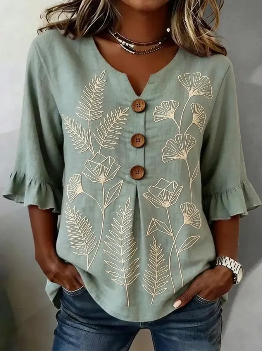 Women's Nashville Botanical Ginkgo Leaf Printed V-Neck Top