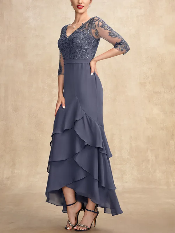 V Neck Asymmetric Chiffon Lace Maxi Dress