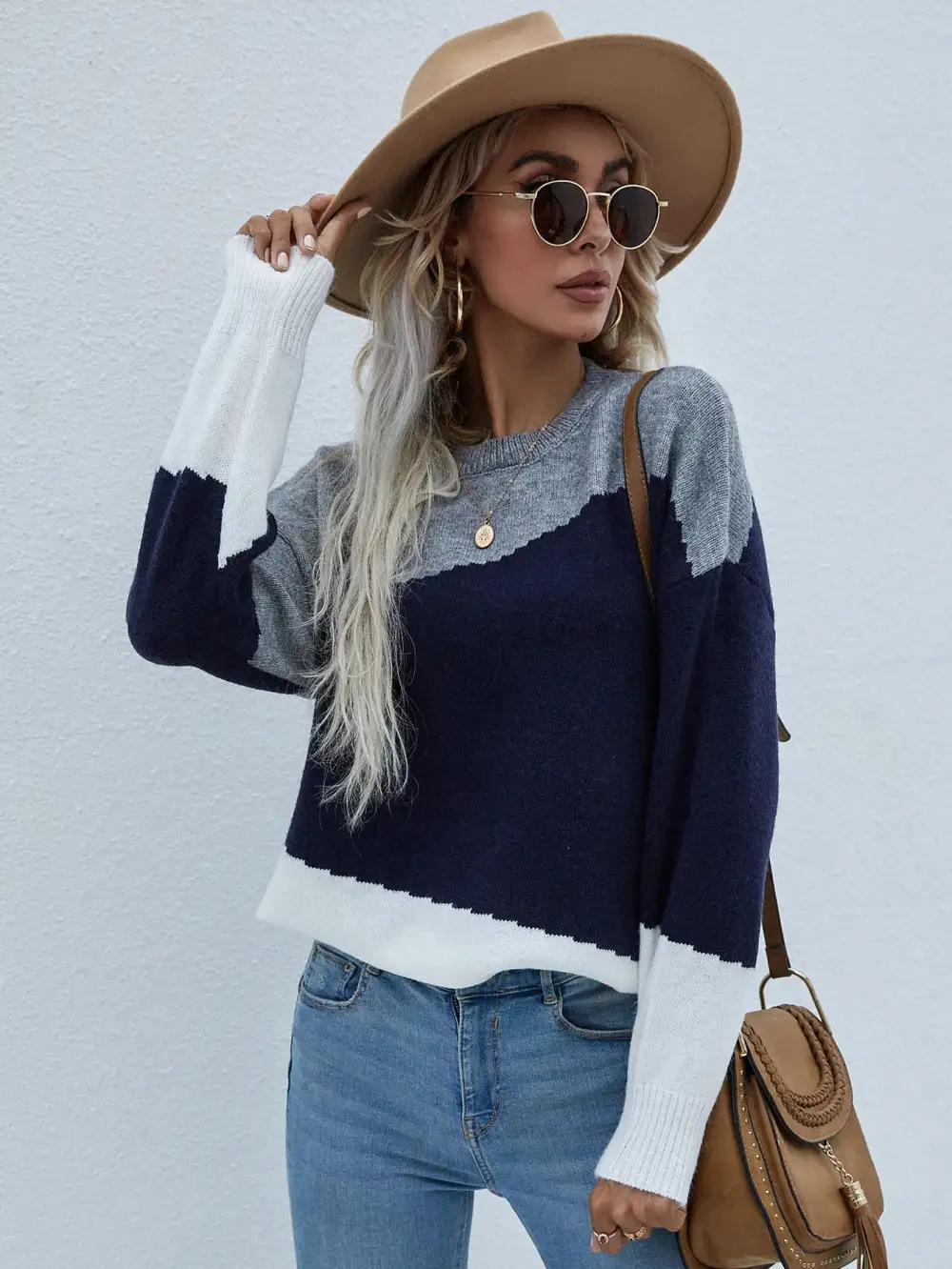 Color Block Dropped Shoulder Pullover Sweater