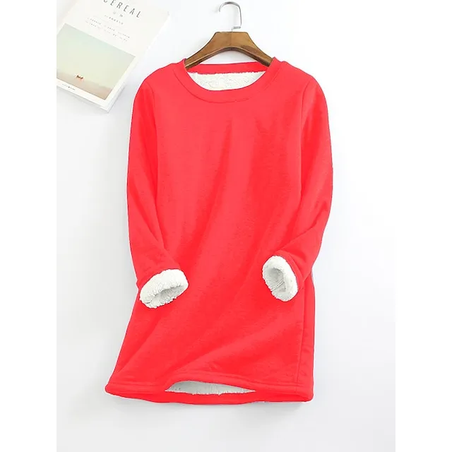 Women's Casual Dress Sweatshirt Dress Winter Dress Mini Dress Teddy Fleece Home Daily Going out Basic Casual Crew Neck Long Sleeve Regular Fit Wine Red Big red Black Color S M L XL XXL Size