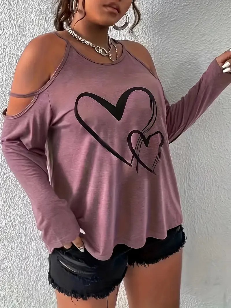 Chic Plus Size Off-Shoulder Heart Print Top